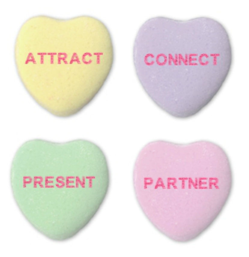Four candy heart invitations: ATTRACT, PRESENT, CONNECT, PARTNER